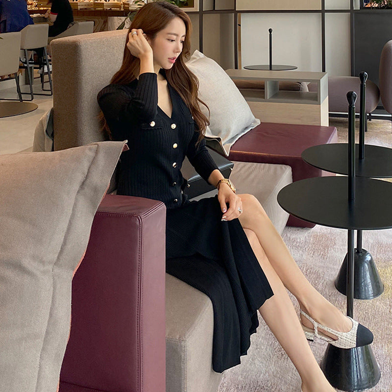 Temperament V-neck Slim Bottoms Sweater Long Skirt