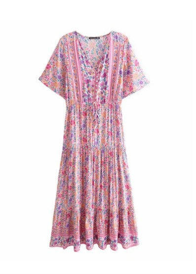 Women's V-Neck long pink print dress