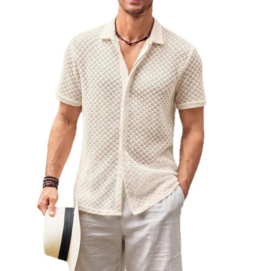Mesh Short Sleeve Shirt Fashion Solid Color Lapel Shirt Tops Beach Men Clothing