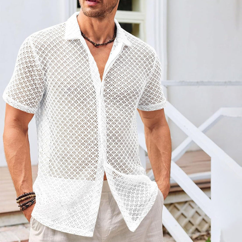 Mesh Short Sleeve Shirt Fashion Solid Color Lapel Shirt Tops Beach Men Clothing