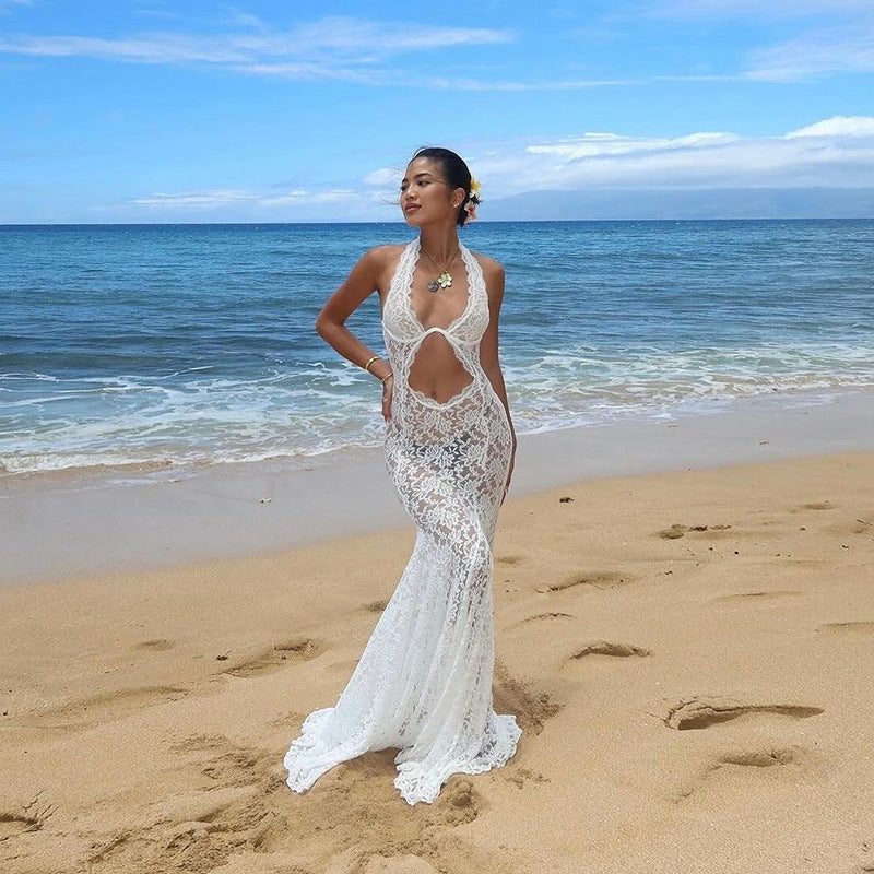 Hollow-out Halter Backless Solid Color Dress