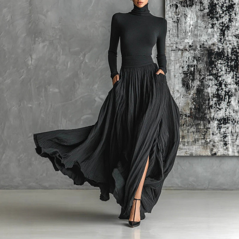 Women's Elegant High-Neck Sweater And Skirt Set - Solid Color With Slit Hem, Cozy Two-Piece Outfit For Fall Winter Casual Chic