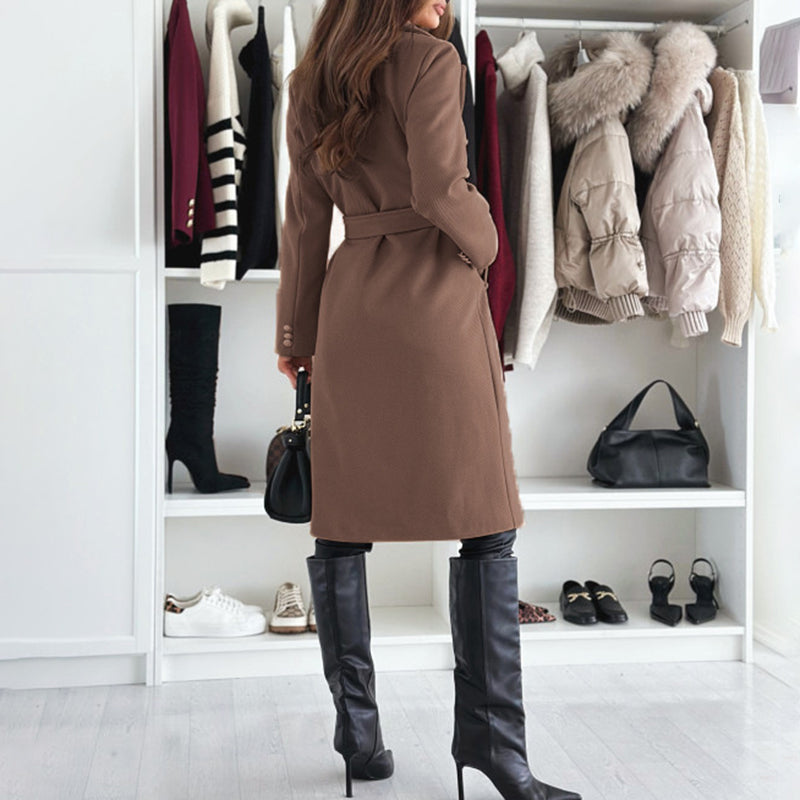 Women's Double Breasted Wool Trench Coat, Notch Lapel Midi Long Winter Coat With Belt