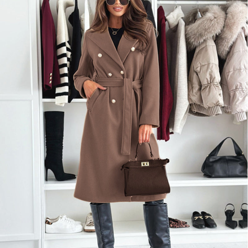 Women's Double Breasted Wool Trench Coat, Notch Lapel Midi Long Winter Coat With Belt