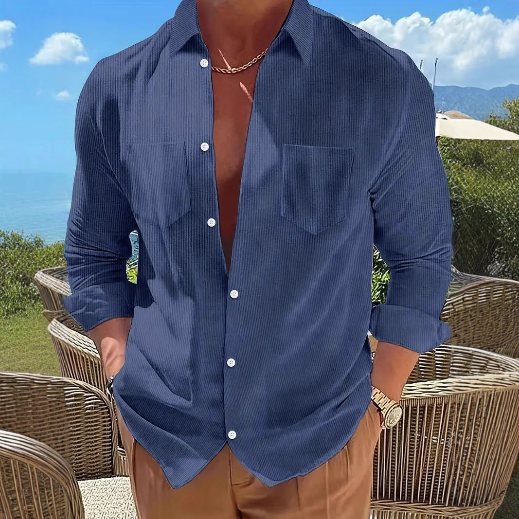 Vertical Striped Shirt Long-sleeve Solid Color Casual